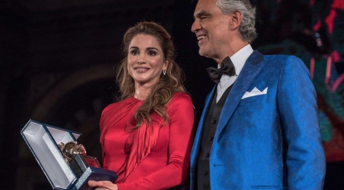 Her Majesty Queen Rania of Jordan Receives the Humanitarian Award from the Andrea Bocelli Foundation.